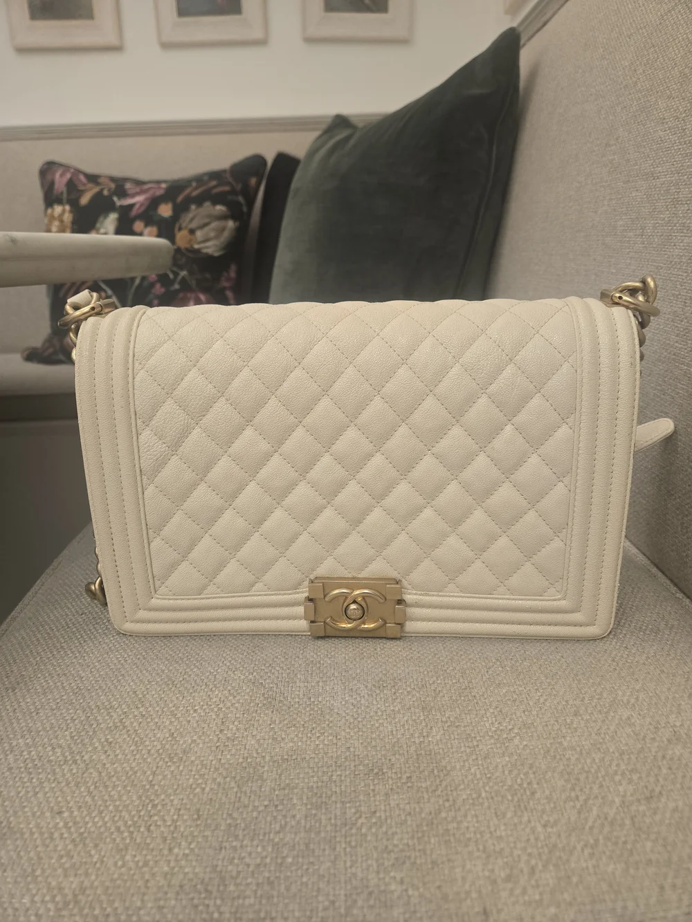 CHANEL Cream Quilted Large Boy Bag with Gold Hardware
